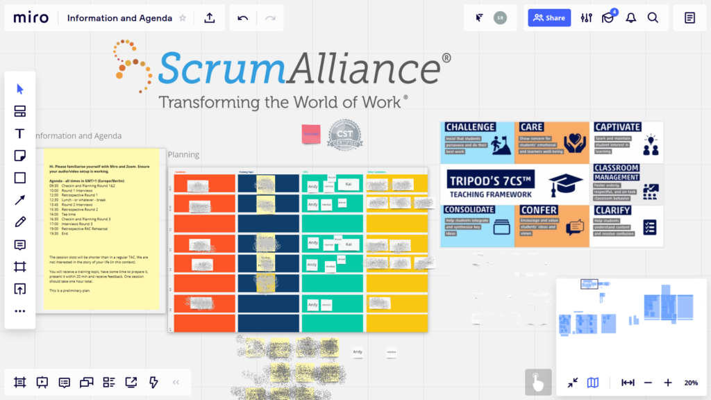 Scrum Alliance CST Candidates meet online and use miro.com to create trainings sessions.